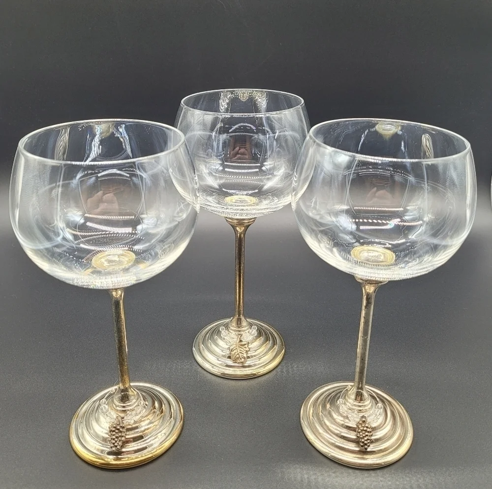 Balloon Wine Glasses Crystal Metal silverplated stems & bases Set of 3 Vintage‌